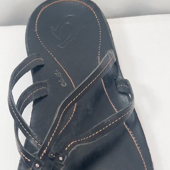 Olukai Black Leather Strappy Thong Sandals Women's 10 Beachy Summer Party - Picture 9 of 14